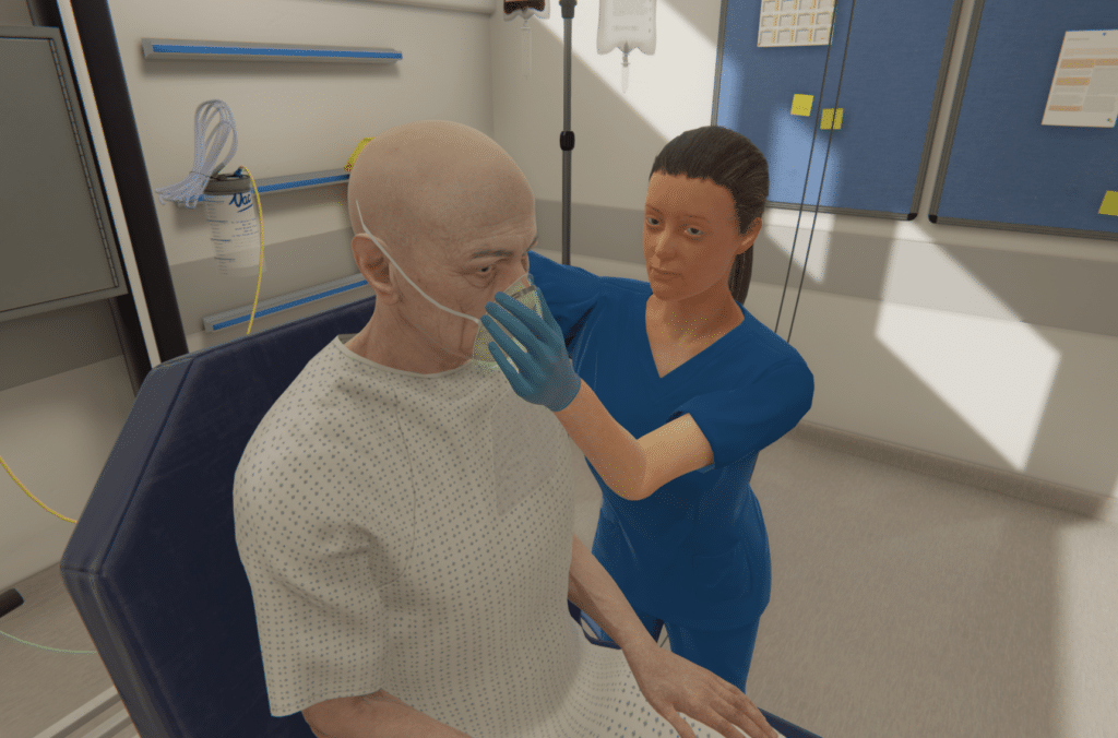 Nurse administering oxygen to virtual patient