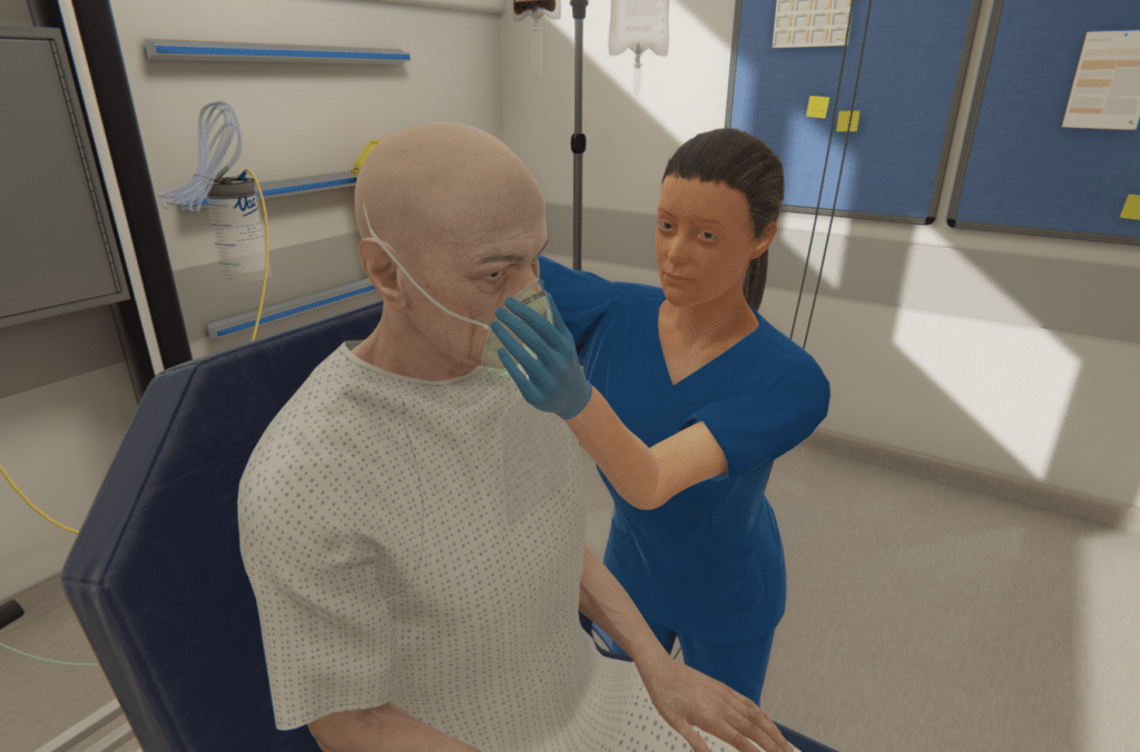 Virtual nurse applying oxygen for virtual patient