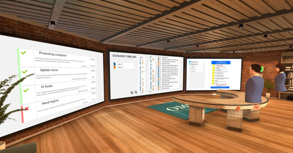 Virtual debriefing room with feedback displayed