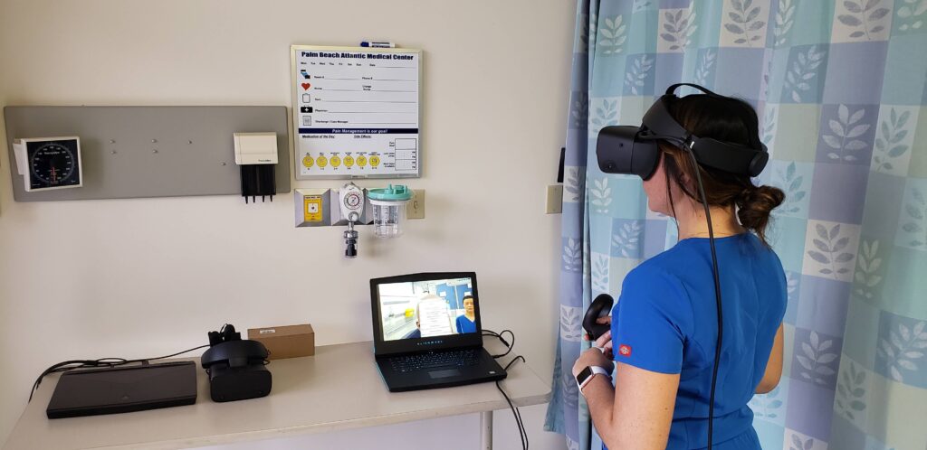 Learner in scrubs in VR headset