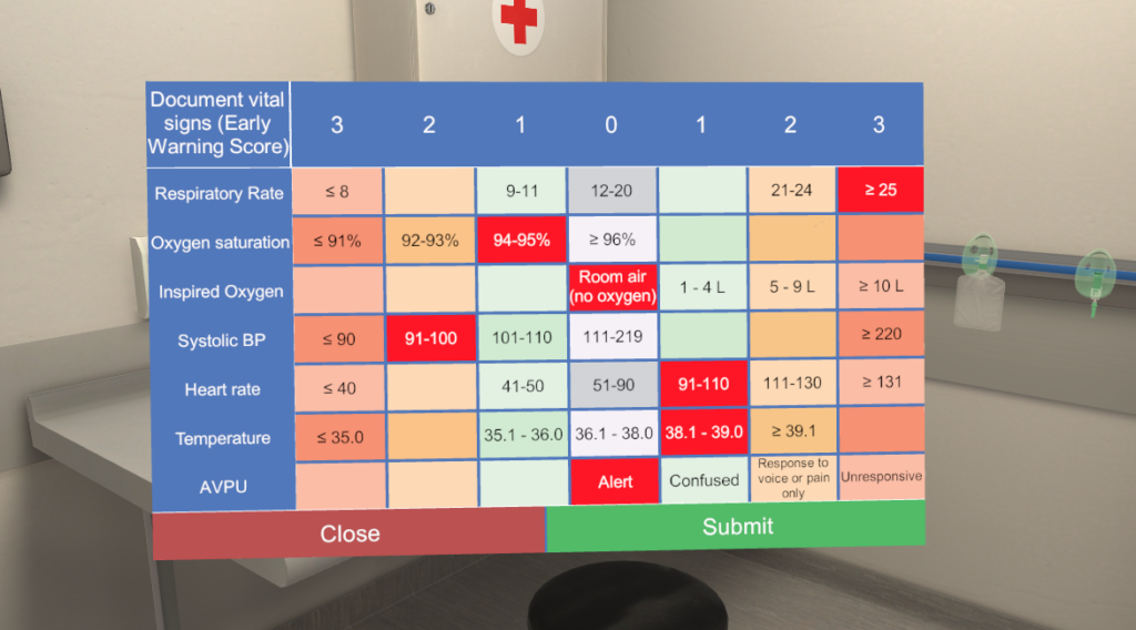 Early warning score documentation in VR