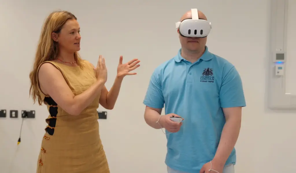 Nursing student in VR headset with guidance