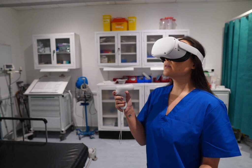 Nursing student in VR headset