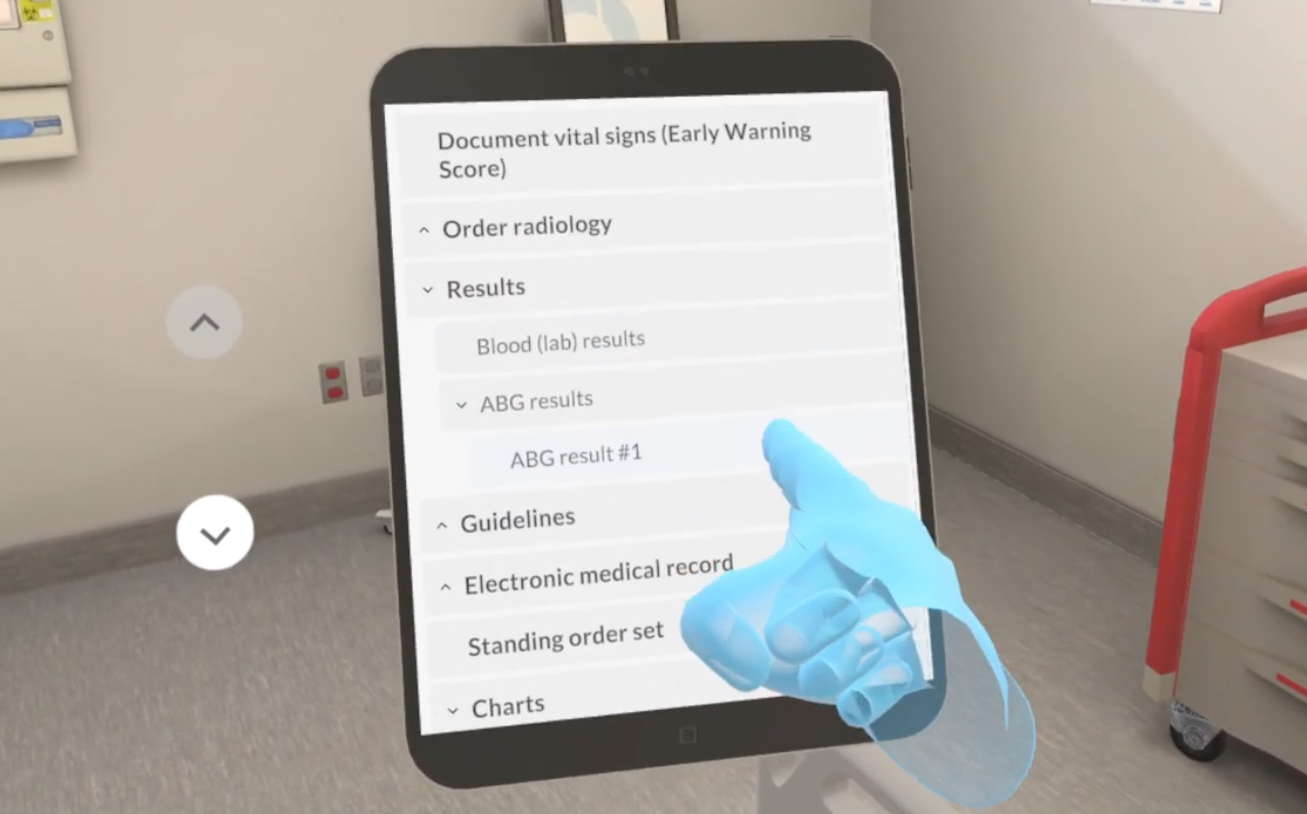 Hand interaction displayed in VR scenario