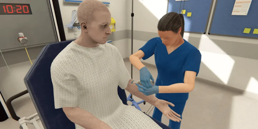 Virtual nurse avatar practicing venipuncture and intravenous access during an OMS VR medical training simulation.
