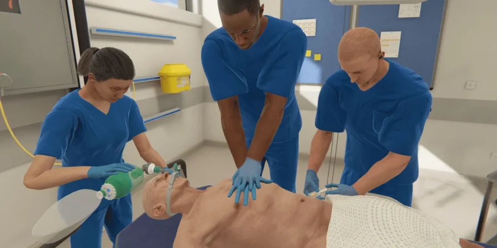 Healthcare team performing collaborative patient care in OMS VR medical training.