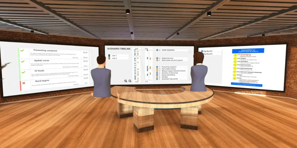 Virtual reality conference room for large-scale OMS VR medical training presentations.