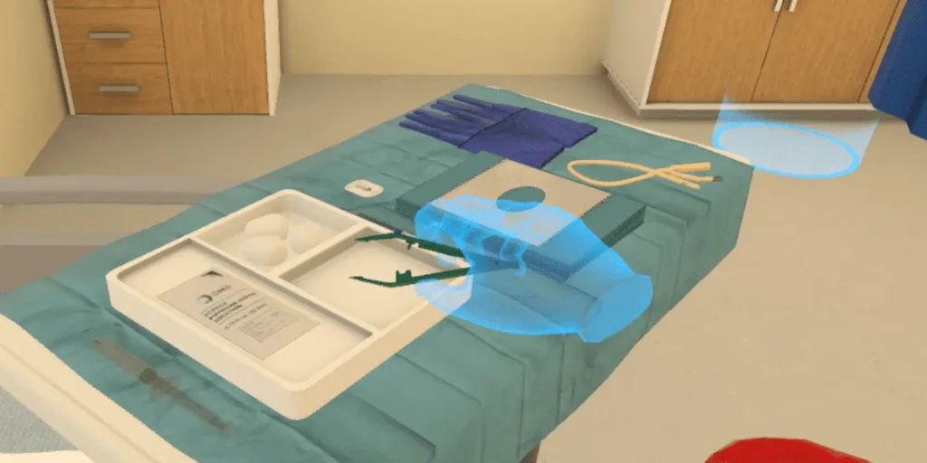 Top-down view of a sterile procedural tray in an OMS VR medical training simulation.