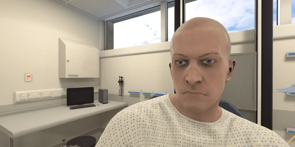 A high-fidelity virtual patient in a clinical setting designed for immersive OMS VR medical training interactions.