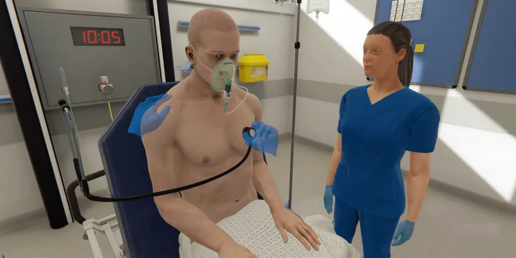 Virtual reality respiratory assessment featuring a patient with an oxygen mask and stethoscope in OMS VR medical training.