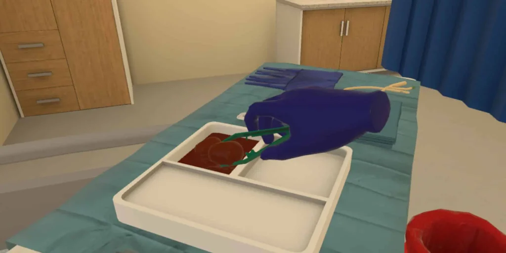A high-fidelity virtual medical simulation tray with sterile tools and gloves for procedural preparation in an OMS VR medical training module.