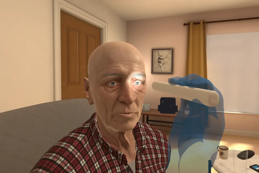 Performing a pupillary light reflex diagnostic test on a virtual patient within the OMS VR medical training environment.