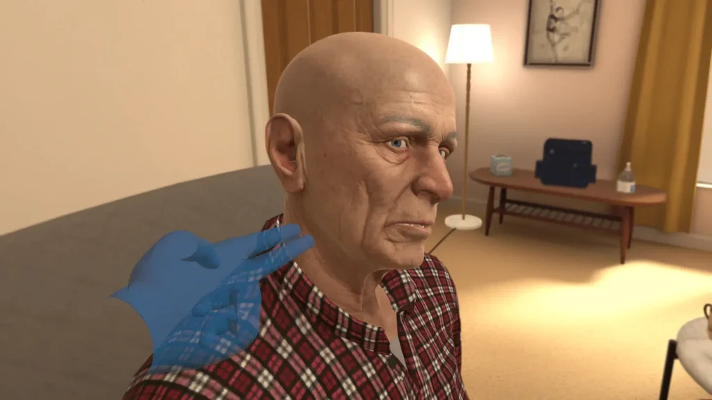 Checking a virtual patient's carotid pulse in a home care setting for OMS VR medical training
