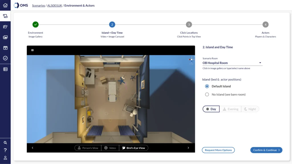 Top-down floor plan view of a virtual hospital room within the OMS VR medical training scenario builder interface.
