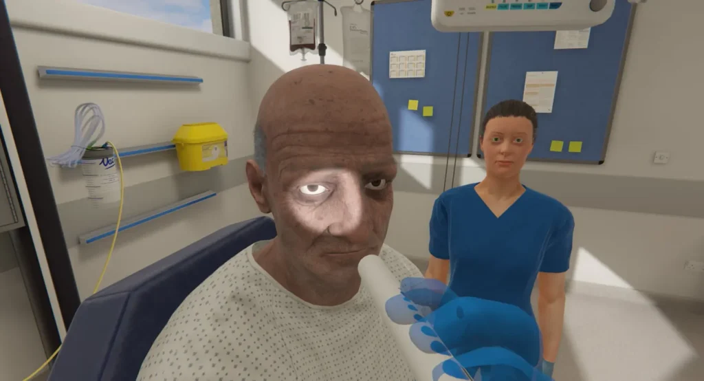 Neurological diagnostic eye exam on a virtual patient in OMS VR medical training.