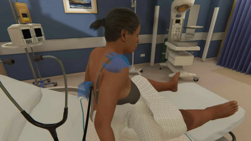 Healthcare student performing a respiratory physical exam in an OMS VR medical training module.