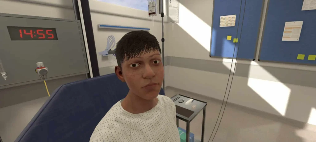 First-person view of a clinical assessment in an OMS VR medical training simulation.