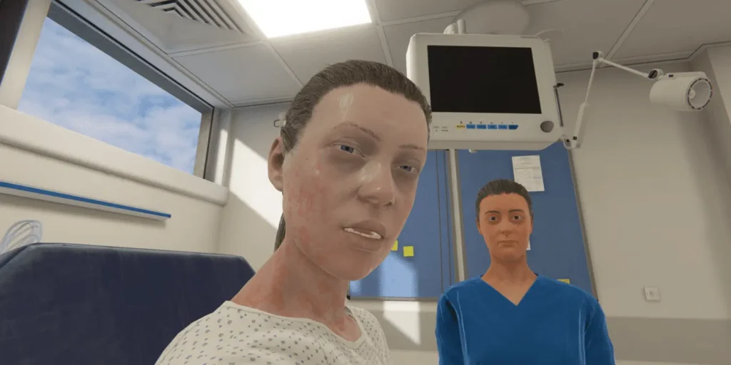 Wide-angle view of a patient interaction within the OMS VR medical training environment.